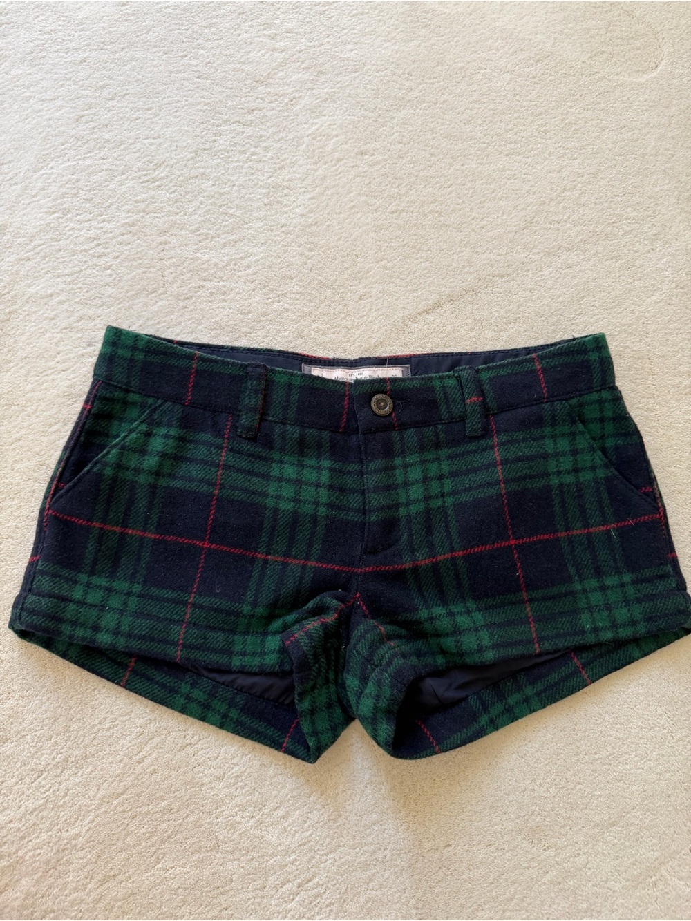 Abercrombie & Fitch Green and Navy Plaid High-Rise Shorts